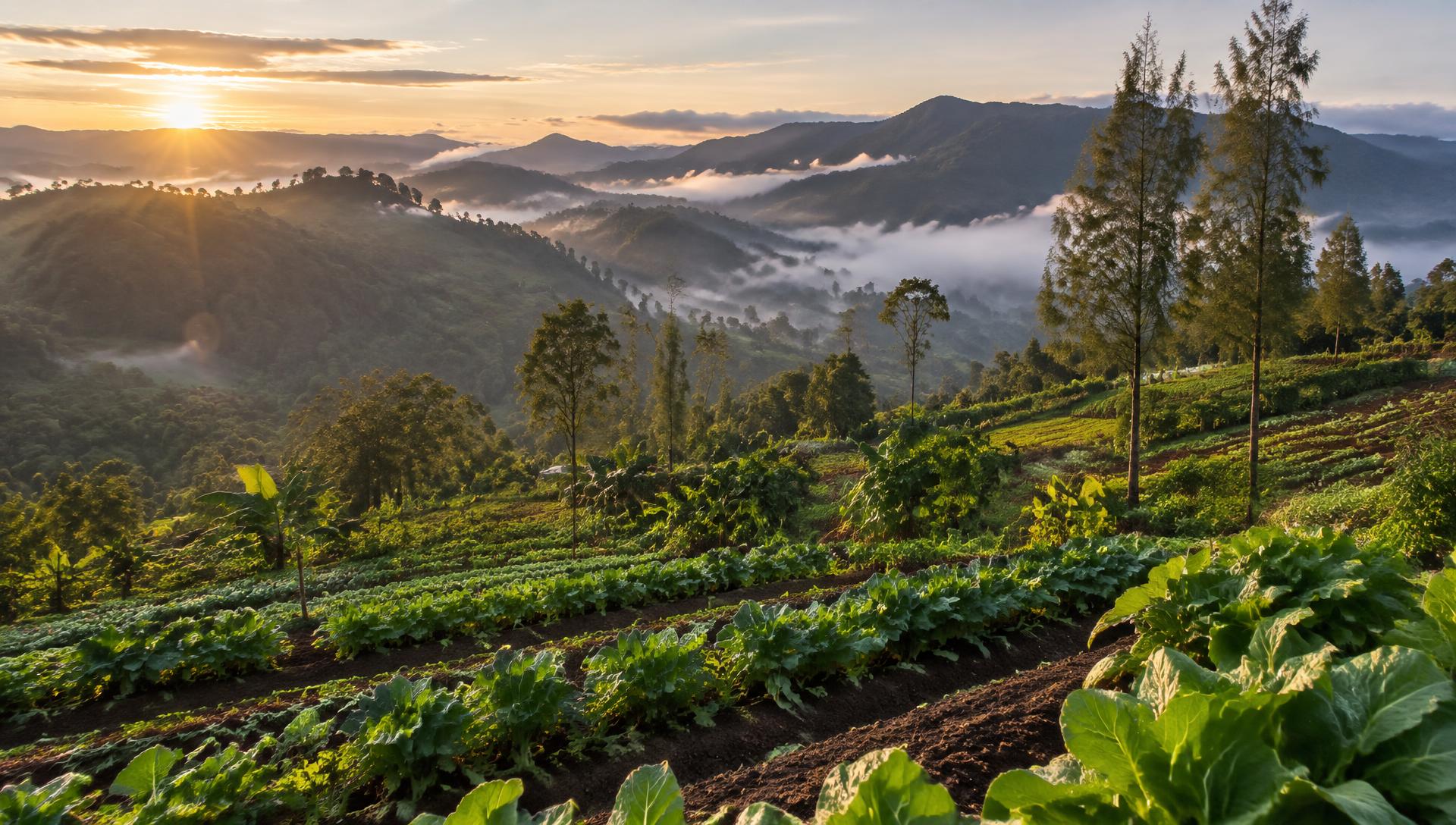 Highland gardens at sunrise in the Waghi valley
